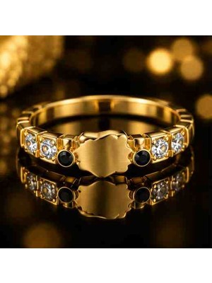 Xuping Kadın Gold Renk Paslanmaz Çelik Yüzük – Siyah Taşlı Gold Yonca Figürlü Parlak Taş Işlemeli Zarif Kadın Yüzüğü