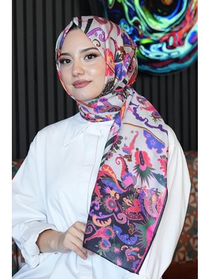 Str Store Çiçek Desen Krem Soft Pamuk Şal Violet