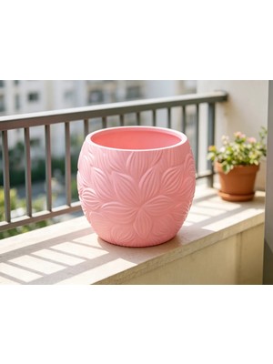 Mabelme Store 3D Baskı Yapraklı Desenli Yuvarlak Saksı Tepsili Süzdürmeli Bitki Saksısı 15 cm Dekoratif Çiçek - Pembe