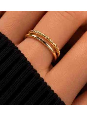 Xuping Kadın Gold Renk Paslanmaz Çelik Yüzük – Çift Sıralı Geometrik Boncuk Desenli Ince Bant Minimal Zarif Kadın Yüzüğü