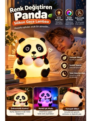 sbodurhome Renkli Işık Modlu Silikon Panda Gece Lambası Dokunmatik Kontrollü Sevimli Dekoratif