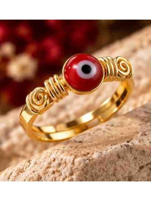 Xuping Gold Renk Paslanmaz Çelik Kırmızı Nazar Boncuklu Ayarlanabilir Yüzük – Spiral Detaylı Göz Figürlü Şık Takı