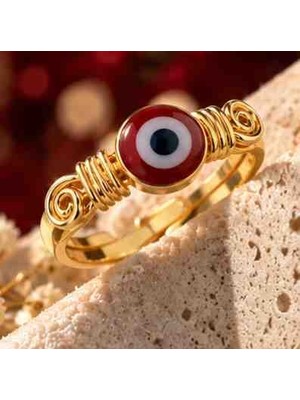 Xuping Kadın Gold Renk Paslanmaz Çelik Bordo Kırmızı Nazar Boncuklu Ayarlanabilir Yüzük – Spiral Detaylı Göz Figürlü Şık Takı
