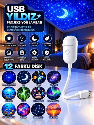 Azurtech USB Yıldız Projeksiyon Lambası 12Diskli Gece Lambası Galaxy Projektör Çocuk Odası Uyku Lambası