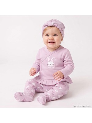 Hellobaby Kız Bebek Zıbın-Şapka-Alt Tavşan Baskılı V Yaka Çıtçıtlı Uzun Kol Uzun Paça