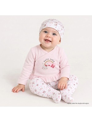 Hellobaby Kız Bebek Zıbın-Şapka-Alt Tavşan Baskılı V Yaka Çıtçıtlı Uzun Kol Uzun Paça