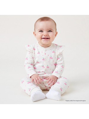 Hellobaby Kız Bebek Tulum Kiraz Baskılı Bisiklet Yaka Çıtçıtlı Uzun Kol Uzun Paça