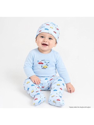 Hellobaby Erkek Bebek Body-Alt-Şapka Hayvan Baskılı Çıtçıtlı Bisiklet Yaka Long Sleeve Patikli
