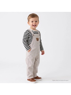 Hellobaby Erkek Bebek Salopet-Tişört Ayı Baskılı Düğmeli Bisiklet Yaka Long Sleeve Reçme