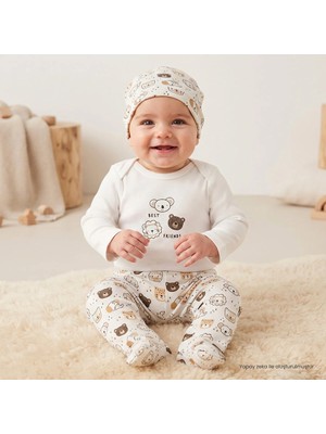 Hellobaby Erkek Bebek Body-Alt-Şapka Hayvan Baskılı Çıtçıtlı Bisiklet Yaka Long Sleeve Patikli
