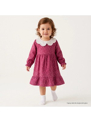 Hellobaby Kız Bebek Elbise Çiçek Baskılı Düğmeli Bebe Yaka Long Sleeve Reçme