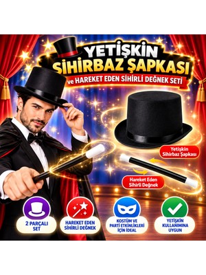 tp Yetişkin Sihirbaz Şapkası ve Hareket Eden Sihirli Değnek Seti