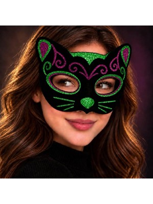 tp Siyah Kadife Kaplama Üzeri Pembe Yeşil Sim Işlemeli Kedi Maskesi 20X13 cm