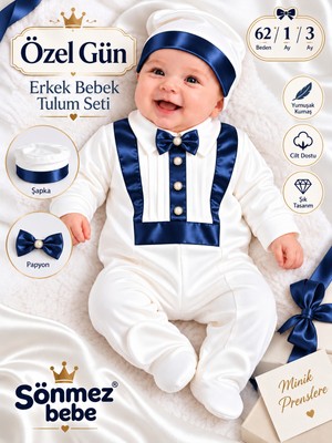 Sönmez Bebe Erkek Bebek Mevlüt Takımı Özel Gün Papyonlu Saten Detaylı Şapkalı Tulum Seti 1-3AY - Bebek Hediyelik