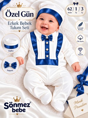 Sönmez Bebe Erkek Bebek Mevlüt Takımı Özel Gün Papyonlu Saten Detaylı Şapkalı Tulum Seti 1-3AY - Bebek Hediyelik