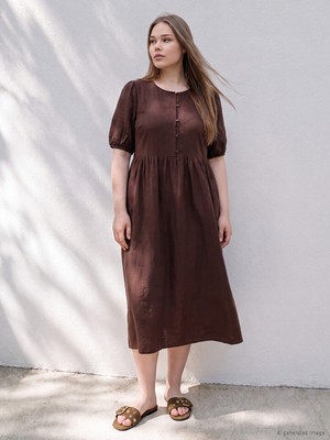 LC Waikiki Lcw Curve Kahverengi Büyük Beden Bisiklet Yaka Pileli Elbise
