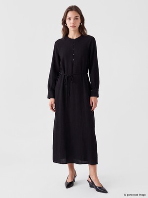 LC Waikiki Lcw Modest Siyah Bisiklet Yaka Müslin Elbise
