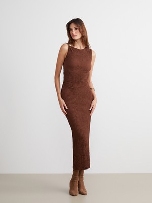 LC Waikiki Lcw Vision Kahverengi Bisiklet Yaka Büzgülü Bodycon Elbise