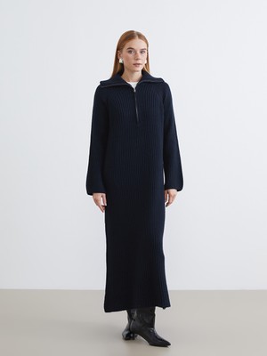 LC Waikiki Lcw Modest Lacivert Polo Yaka Triko Elbise