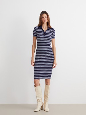 LC Waikiki Lcw Vision Mavi Polo Yaka Çizgili Elbise