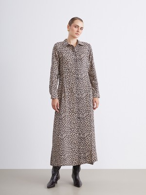 LC Waikiki Lcw Modest Kahverengi Modal Karışımlı Leopar Desenli Gömlek Elbise