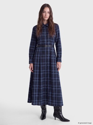 LC Waikiki Lcw Modest Lacivert Beli Kemerli Ekose Gömlek Elbise