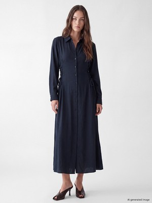 LC Waikiki Lcw Modest Lacivert Kuşgözü Detaylı Büzgülü Gömlek Elbise