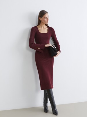 LC Waikiki Lcw Comfort Bordo Kare Yaka Bodycon Triko Elbise