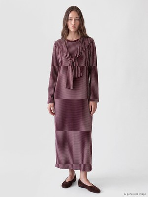 LC Waikiki Lcw Modest Bordo Bağlama Detaylı Çizgili Elbise