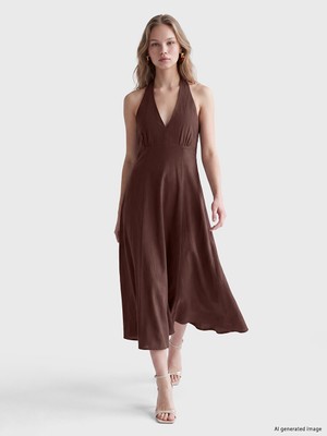 LC Waikiki Lcw Vision Kahverengi V Yaka Kloş Elbise