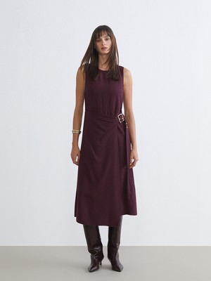 LC Waikiki Lcw Vision Bordo Bisiklet Yaka Krep Belden Oturtmalı Elbise