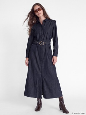 LC Waikiki Lcw Modest Indigo Beli Kemerli Fırfırlı Jean Gömlek Elbise