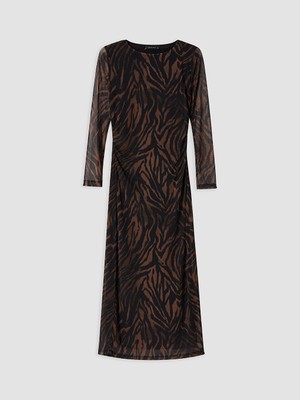 LC Waikiki Lcw Studıo Siyah Leopar Desenli Büzgülü Tül Elbise
