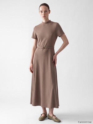 LC Waikiki Lcw Comfort Bej Dik Yaka Kemerli Elbise
