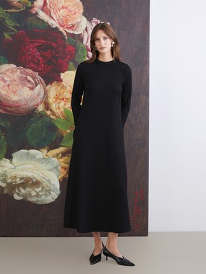 LC Waikiki Lcw Modest Siyah Fırfırlı Dik Yaka Elbise