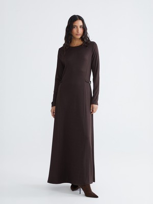 LC Waikiki Lcw Modest Kahverengi Bisiklet Yaka Beli Kemerli Elbise