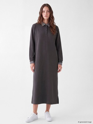 LC Waikiki Lcw Modest Antrasit Gömlek Yaka Sweat Elbise