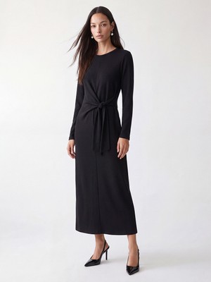 LC Waikiki Lcw Everyday Siyah Soft Touch Beli Bağlamalı Elbise