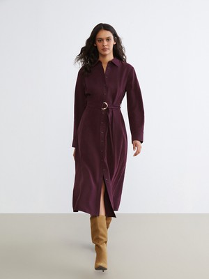 LC Waikiki Lcw Vision Bordo Beli Kemerli Gömlek Elbise