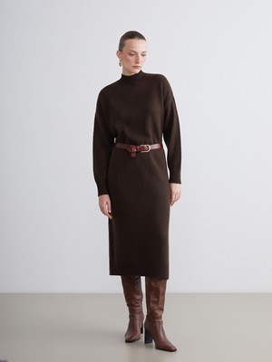 LC Waikiki Lcw Comfort Kahverengi Dik Yaka Triko Elbise