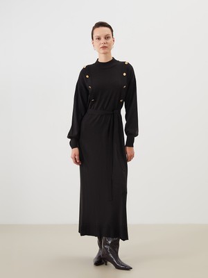 LC Waikiki Lcw Modest Siyah Dik Yaka Kuşaklı Triko Elbise