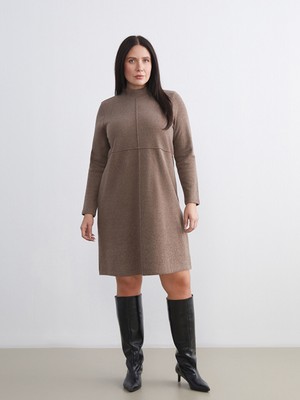 LC Waikiki Lcw Comfort Kahverengi Büyük Beden Dik Yaka Mini Elbise