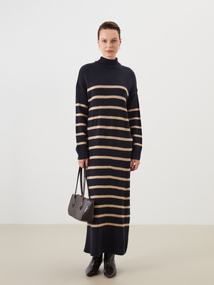 LC Waikiki Lcw Modest Bej Dik Yaka Çizgili Triko Elbise