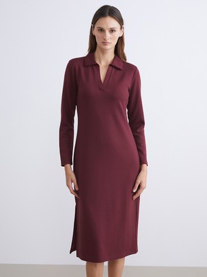 LC Waikiki Lcwaıkıkı Classic Bordo Büyük Beden Polo Yaka Bodycon Elbise