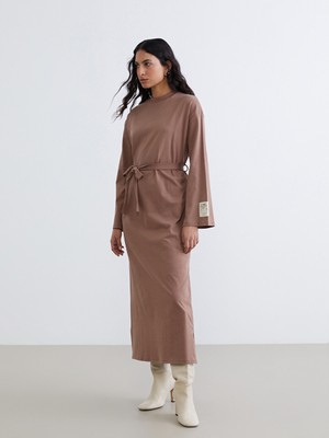 LC Waikiki Lcw Modest Kahverengi Bisiklet Yaka Sweat Elbise