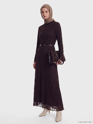 LC Waikiki Lcw Modest Kahverengi Dik Yaka A Kesim Dantelli Elbise