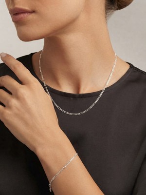 Papatya Silver 925 Ayar Gümüş Zarif Figaro Zincir Kolye Bileklik Set.rose.gold.rodaj Renk Seçeneği