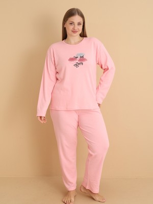 Wordex Fawn 1108 Interlok Büyük Beden Bulut Desenli Kışlık Ev Kadın Pijama Takımı