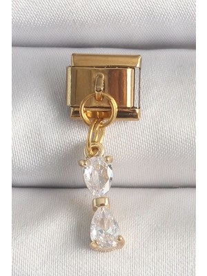 Epilons 316L Çelik Gold Renk Sallantı Zirkon Taşlı Kurdele Model Nomination Charm TJ-BC1351