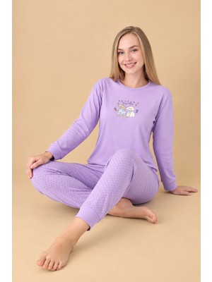 Wordex Fawn 6002 Interlok Sevimli Köpek Desenli Kışlık Ev Kadın Pijama Takımı